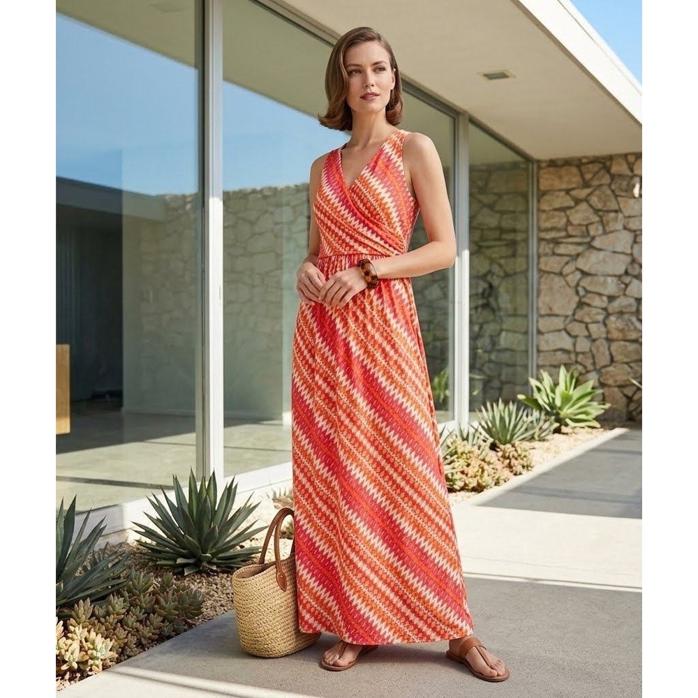 J Jill Ikat Stretch Jersey Faux-Wrap Maxi Dress Women L Pink Orange Retro Chic